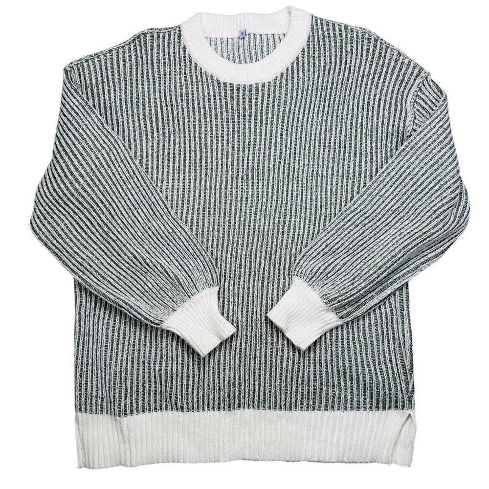 Chenille Small Ribbed Striped Green Sweater Casual Sporty